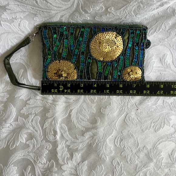 Teal sequence evening clutch abstract gold circles and wavy green blue stripes - Picture 6 of 8